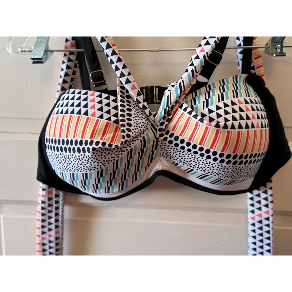 Geometric Womens Bikini Top Print Black Strappy Tie‎ Back Size XL swimwear